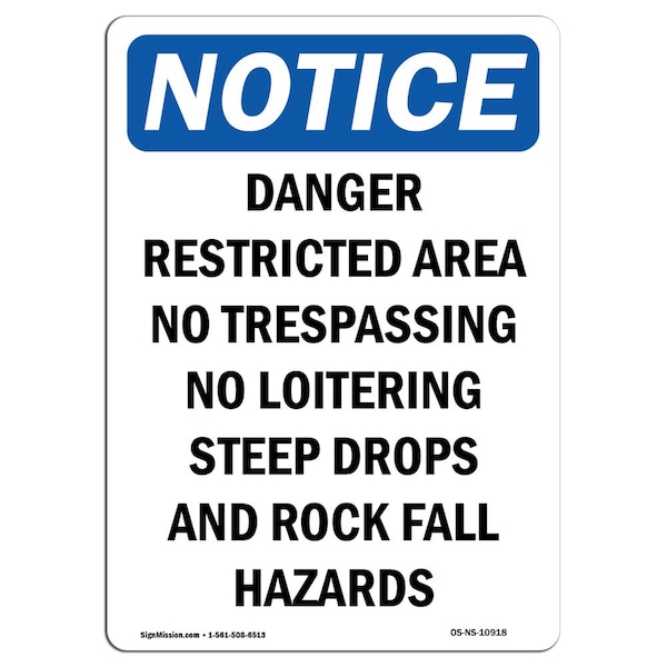 OSHA Notice Sign, 5" H, 3.5" W, Danger Restricted Area No Trespassing Sign, Portrait, 10PK